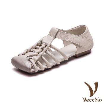 【VECCHIO】真皮方頭編織線條包頭涼鞋/真皮頭層牛皮方頭手工編織縷空線條包頭涼鞋 女鞋 米