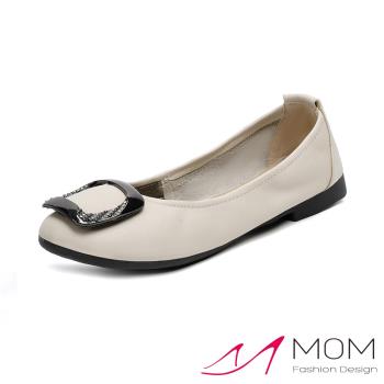 【MOM】真皮亮皮鑽方釦低摺疊鞋/真皮金屬亮皮鑲鑽方釦低跟鞋 摺疊鞋 女鞋 米
