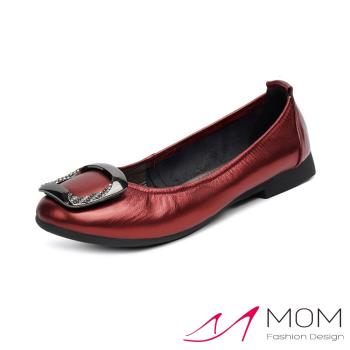 【MOM】真皮亮皮鑽方釦低摺疊鞋 /真皮金屬亮皮鑲鑽方釦低跟鞋 摺疊鞋 女鞋 酒紅