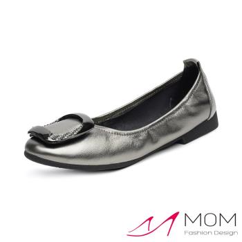 【MOM】真皮亮皮鑽方釦低摺疊鞋/真皮金屬亮皮鑲鑽方釦低跟鞋 摺疊鞋 女鞋 銀