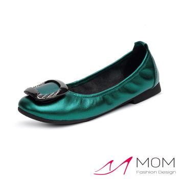 【MOM】真皮亮皮鑽方釦低摺疊鞋/真皮金屬亮皮鑲鑽方釦低跟鞋 摺疊鞋 女鞋 綠