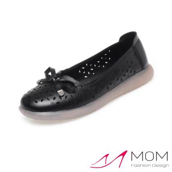 【MOM】真皮菱格花朵縷空蝴蝶結軟底鞋/真皮菱格花朵縷空蝴蝶結舒適軟底鞋 女鞋 黑