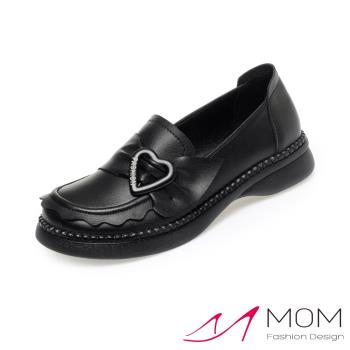 【MOM】真皮花邊愛心釦樂福鞋/真皮優雅花邊愛心釦一字帶樂福鞋 女鞋 黑