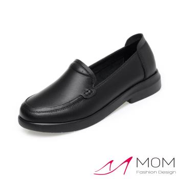【MOM】真皮純色低跟樂福鞋/真皮純色素面百搭低跟樂福鞋 女鞋 黑