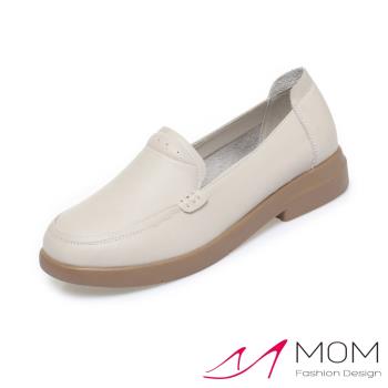 【MOM】真皮純色低跟樂福鞋/真皮純色素面百搭低跟樂福鞋 女鞋 米