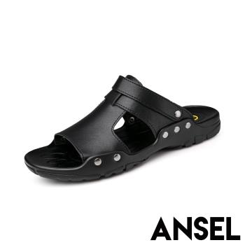 【ANSEL】真皮兩穿經典涼拖鞋/真皮兩穿法經典休閒百搭涼拖鞋 男鞋 黑
