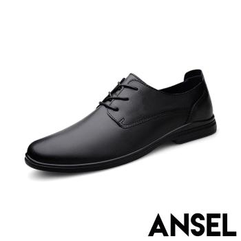【ANSEL】真皮經典低跟皮鞋/真皮經典繫帶深口低跟休閒鞋 皮鞋 男鞋 黑