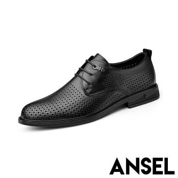 【ANSEL】真皮沖孔休閒皮鞋/真皮縷空透氣沖孔繫帶典雅休閒鞋 皮鞋 男鞋 黑