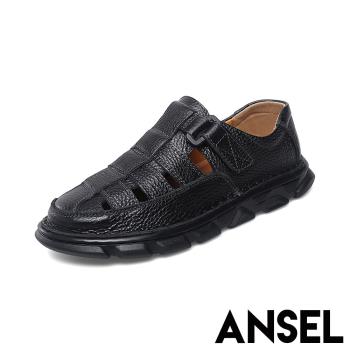 【ANSEL】真皮搭釦包頭涼鞋/真皮復古搭釦休閒包頭涼鞋 男鞋 黑