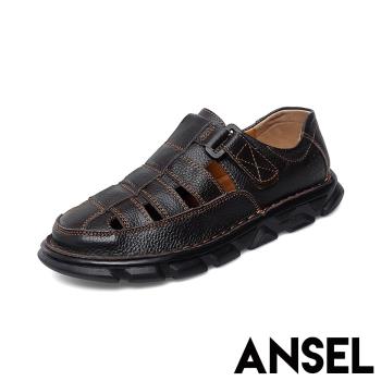 【ANSEL】真皮搭釦包頭涼鞋/真皮復古搭釦休閒包頭涼鞋 男鞋 棕