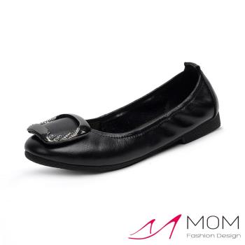 【MOM】真皮亮皮鑽方釦低摺疊鞋/真皮金屬亮皮鑲鑽方釦低跟鞋 摺疊鞋 女鞋 黑