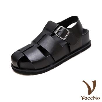 【VECCHIO】真皮輕量厚底縷空包頭羅馬涼鞋/真皮頭層牛皮輕量厚底縷空包頭羅馬涼鞋 女鞋 黑