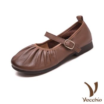 【VECCHIO】真皮淺口抓褶小圓頭低跟娃娃鞋/真皮頭層牛皮淺口抓褶小圓頭百搭低跟娃娃鞋 女鞋 棕