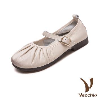 【VECCHIO】真皮淺口抓褶小圓頭低跟娃娃鞋/真皮頭層牛皮淺口抓褶小圓頭百搭低跟娃娃鞋 女鞋 白