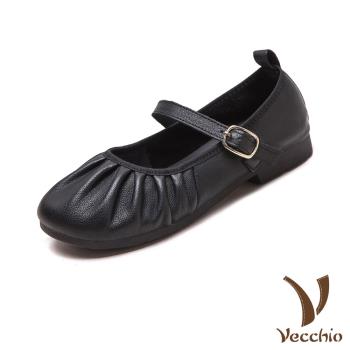 【VECCHIO】真皮淺口抓褶小圓頭低跟娃娃鞋/真皮頭層牛皮淺口抓褶小圓頭百搭低跟娃娃鞋 女鞋 黑