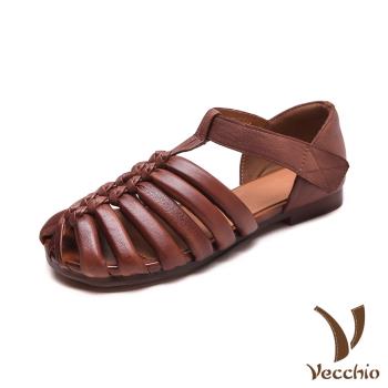 【VECCHIO】真皮復古魚骨編織低跟涼鞋/真皮頭層牛皮復古魚骨縷空手工編織造型低跟涼鞋 女鞋 咖