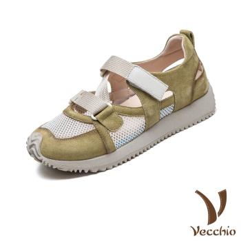 【VECCHIO】真皮彈力網布休閒運動風涼鞋/真皮頭層牛皮彈力魔鬼粘透氣網布拼接休閒運動風涼鞋 女鞋 綠