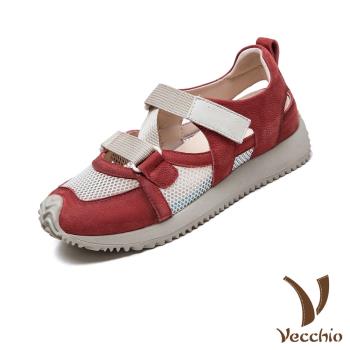 【VECCHIO】真皮彈力網布休閒運動風涼鞋/真皮頭層牛皮彈力魔鬼粘透氣網布拼接休閒運動風涼鞋 女鞋 紅
