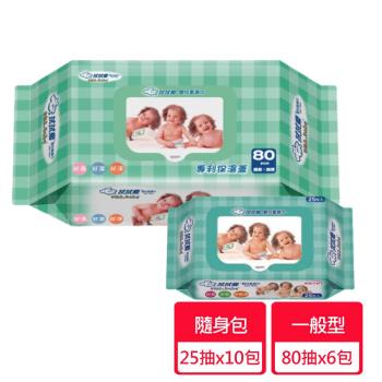 【拭拭樂】嬰兒柔濕巾厚抽80抽x6包+隨身包25抽x10包