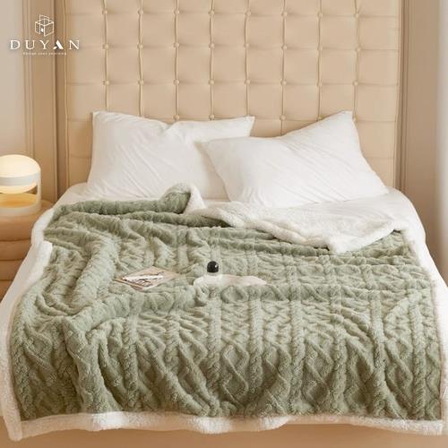 【DUYAN 竹漾】韓系麻花牛奶絨 羊羔絨 雙層加厚被毯 橄欖綠