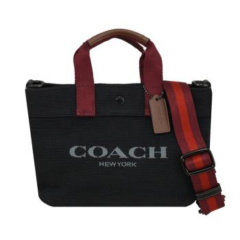 COACH CU299 經典LOGO帆布皮飾邊小托特包.黑