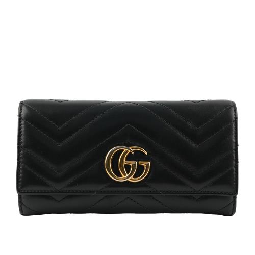 二手商品7.5成新_GUCCI GG Marmont 牛皮金屬雙G LOGO翻蓋長夾(黑色)