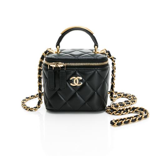 CHANEL Small Vanity with Chain 經典菱格提把刻印字母皮穿鏈迷你小方盒/化妝包/鏈帶包 (黑/金)