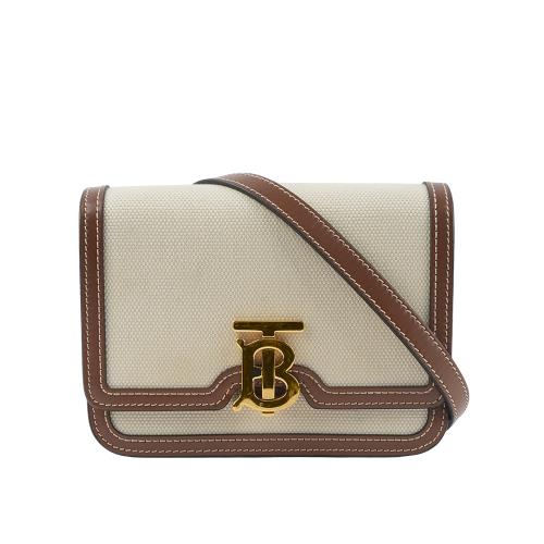 二手商品8.8成新_BURBERRY TB Logo 帆布拼牛皮飾邊斜背包(迷你)(自然色/麥芽棕)