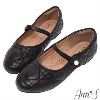 Ann’S 小千金的單品-軟牛皮真皮珍珠扣瑪莉珍圓頭平底娃娃鞋(黑)