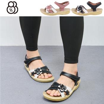 【88%】跟2.5cm MIT 臺灣製 立體花朵 繞踝魔鬼氈 細工縫線 厚底涼拖鞋 2色