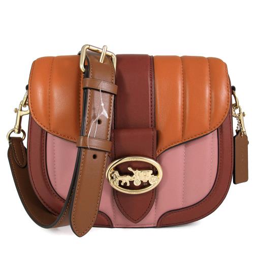  COACH 大馬車LOGO 撞色縫線皮革翻蓋馬鞍斜背包(粉酒紅)