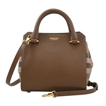 BURBERRY 8084485 BANWELL 燙金LOGO格紋棉麻兩用包.咖