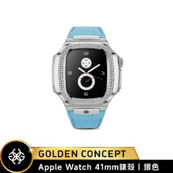 【Golden Concept】Apple Watch 41mm錶殼 銀錶框 藍皮革錶帶 WC-ROLMD41-SL (鑲嵌莫桑鑽)