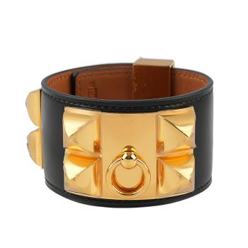 二手商品9.8新 HERMES BOX皮 鉚釘金釦CDC手環 (S)(黑色)