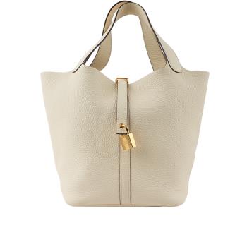 二手商品9成新 HERMES Picotin Lock 22cm MM手提水桶包(奶油白)