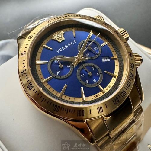VERSACE 凡賽斯男錶 46mm 金色圓形精鋼錶殼 寶藍色三眼, 中三針顯示, 運動錶面款 VS11730
