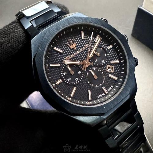 MASERATI 瑪莎拉蒂男錶 44mm 寶藍十邊形精鋼錶殼 黑色三眼, 中三針顯示錶面款 R8873642008