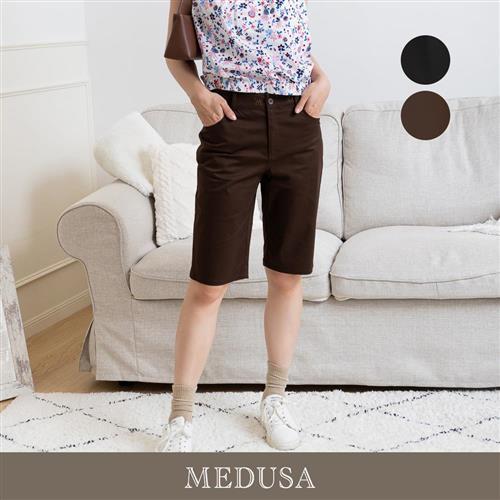 現貨【MEDUSA 曼度莎】方塊刺繡素色及膝休閒短褲 - 2色（M-2L）｜女短褲 及膝短褲