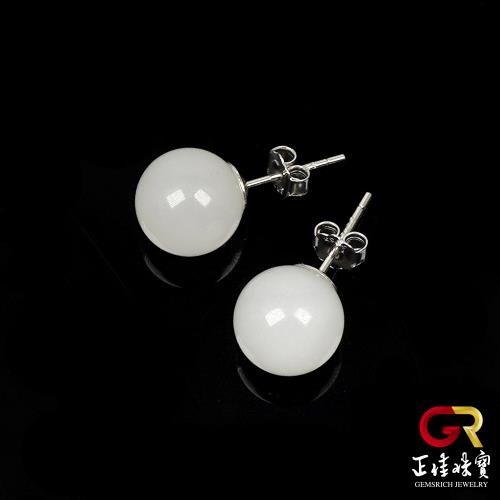 【正佳珠寶】和田白玉 新疆老礦籽料 10mm 和田白玉耳釘｜925銀