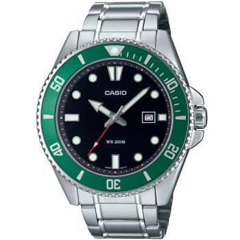 【CASIO】槍魚黑水鬼系列不鏽鋼休閒錶-綠框X黑麵(MDV-107D-3A)