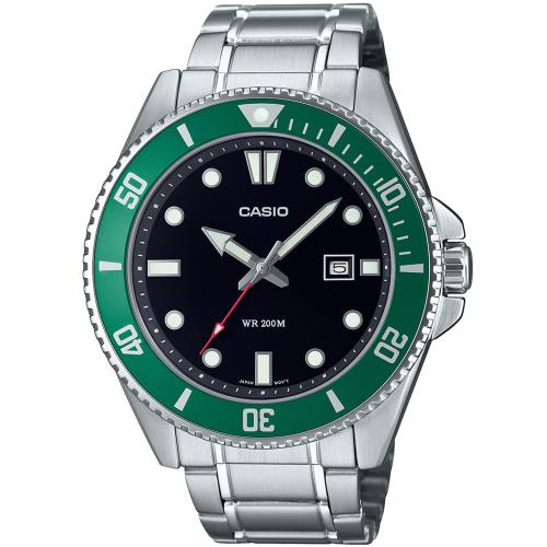 【CASIO】槍魚黑水鬼系列不鏽鋼休閒錶-綠框X黑面(MDV-107D-3A)