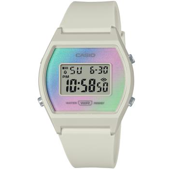 【CASIO】經典復刻漸層彩虹酒桶型數位休閒錶-米白色 (LW-205H-8A)