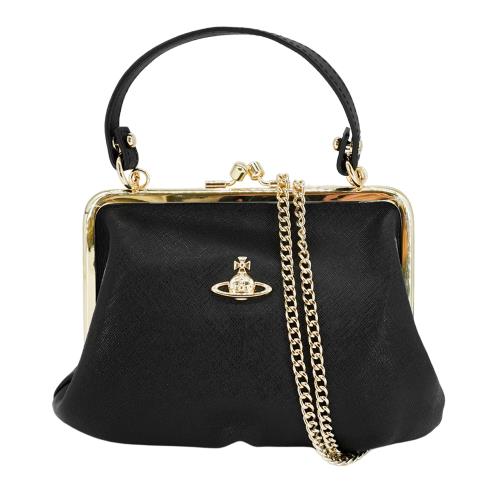 Vivienne Westwood 防刮皮革金色土星轉釦兩用斜背包(黑)