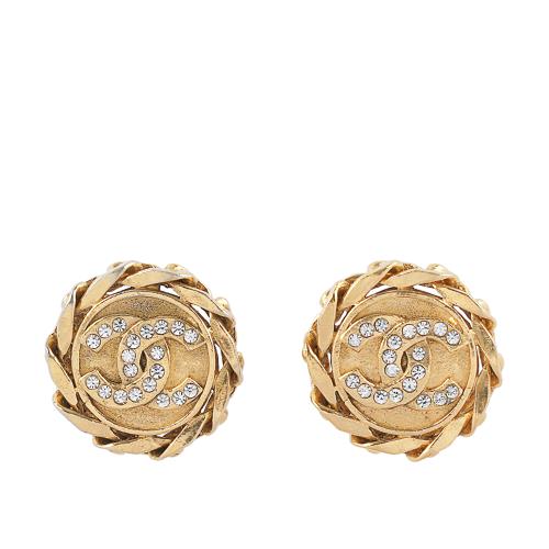 二手商品9成新_CHANEL 鍊條圓形水鑽CC LOGO夾式耳環(金色)