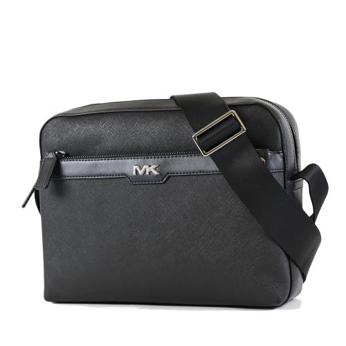 MICHAEL KORS 男款十字紋防刮雙拉鍊置物斜背包-黑色/大|MK斜背包