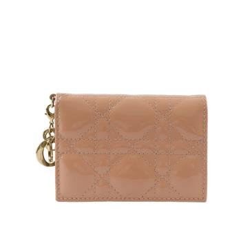 二手商品9.2成新 DIOR迪奧 Lady Dior 漆皮翻蓋卡片套(玫瑰粉)