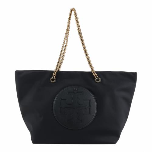 TORY BURCH-Ella 皮標logo尼龍鍊帶托特包(黑色)大