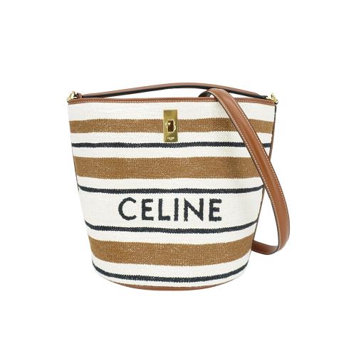 Celine Bucket 16 緹花條紋織物手提斜背水桶包(棕)