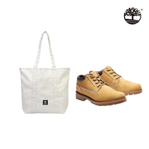 超值兩件組 Timberland 中性款白色帆布托特包|A5SWDCM9+Timberland 男款小麥色 中筒休閒鞋│A1P3L231