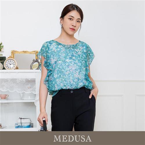 現貨【MEDUSA 曼度莎】藍綠碎花假兩件式雪紡上衣（M-2L）｜女休閒上衣 印花雪紡